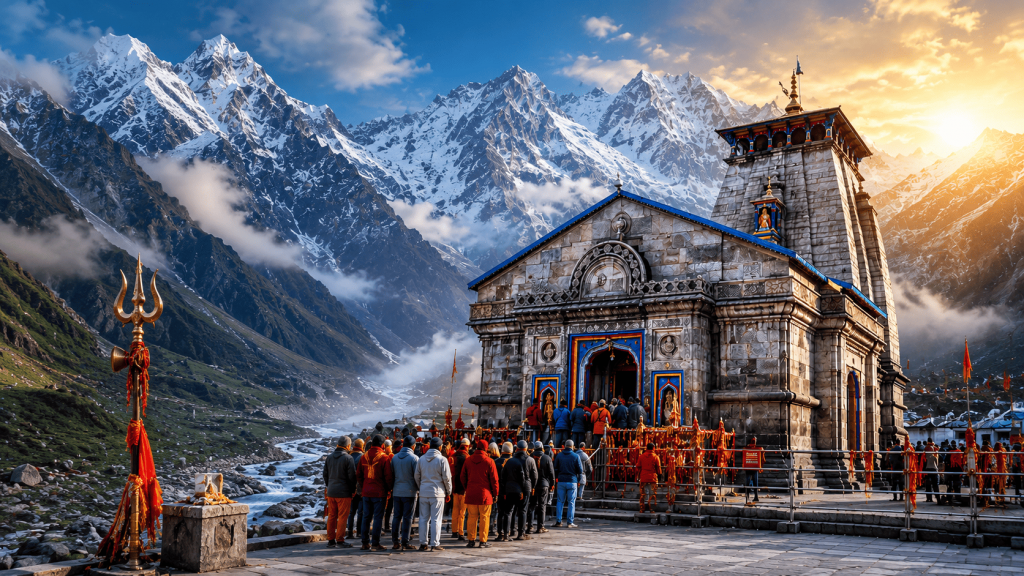 Kedarnath Temple in Uttarakhand with snow-covered Himalayan mountains during Char Dham Yatra 2026