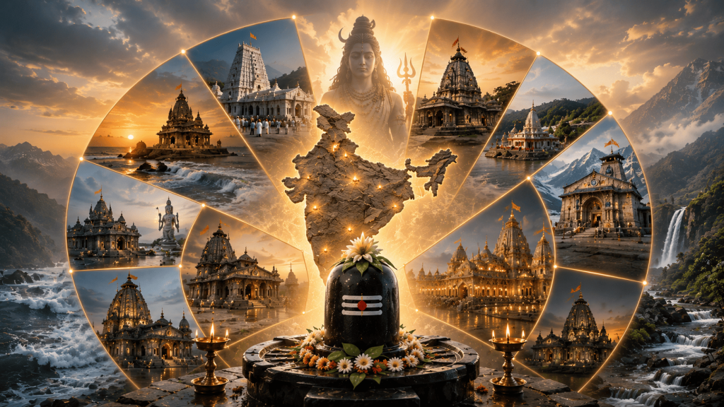 12 Jyotirlingas of India banner featuring Lord Shiva, sacred Shiva Lingam, India's map, and all twelve holy Jyotirlinga temples in a panoramic spiritual artwork.