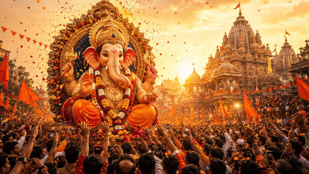 Ganesh Chaturthi celebration with beautifully decorated Lord Ganesha idol, devotees, marigold flowers and festive atmosphere for Bharat Bhakti Sangam.