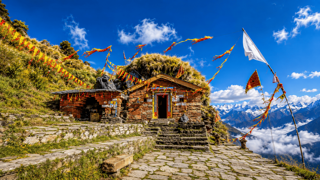 Rudranath Temple Yatra in Uttarakhand, the Fourth Kedar of Panch Kedar, surrounded by Himalayan mountains and lush green valleys.